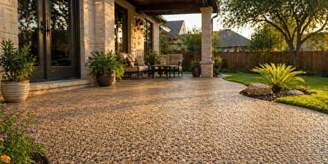 Exposed aggregate outdoor living patio